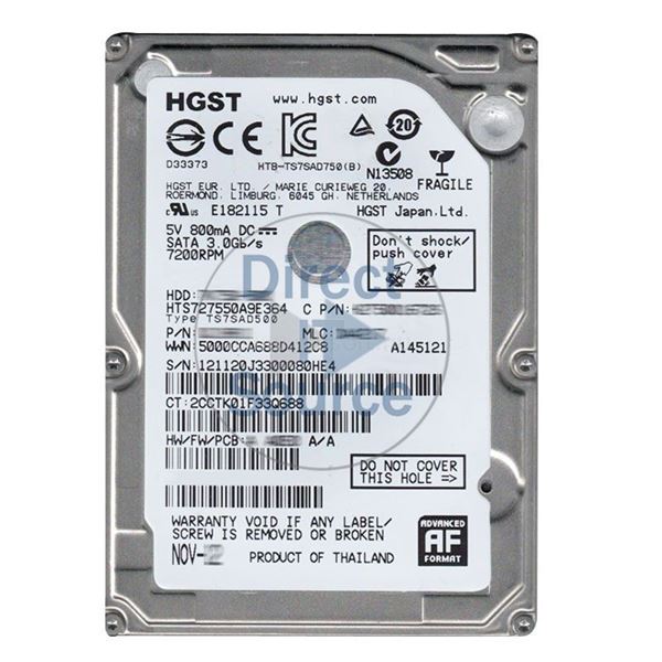 Hitachi HTS727550A9E364 - 500GB 7.2K SATA 3.0Gbps 2.5Inch 16MB Cache ...