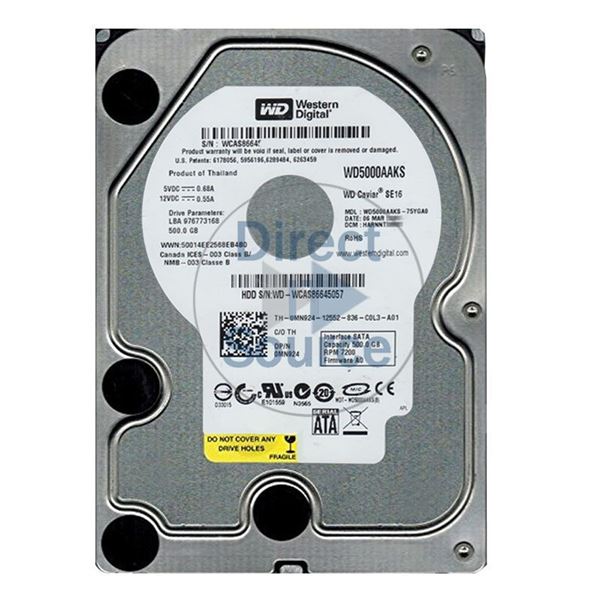 WD WD5000AAKS-75YGA0 - 500GB 7.2K SATA 3.0Gbps 3.5