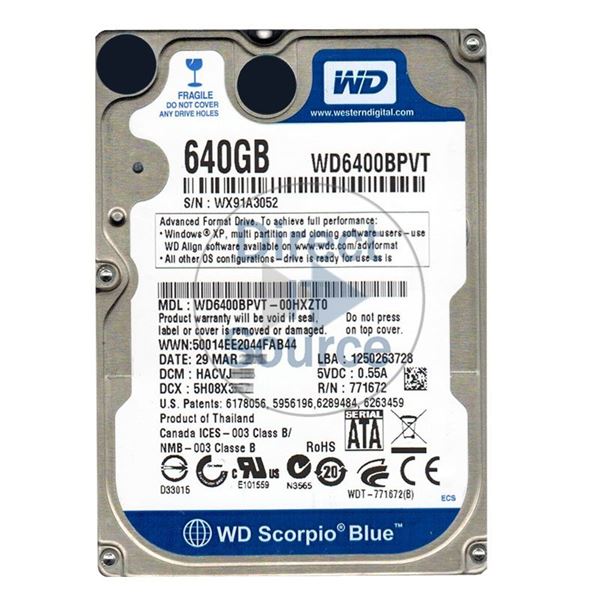 WD WD6400BPVT-00HXZT0 - 640GB 5.4K SATA 3.0Gbps 2.5